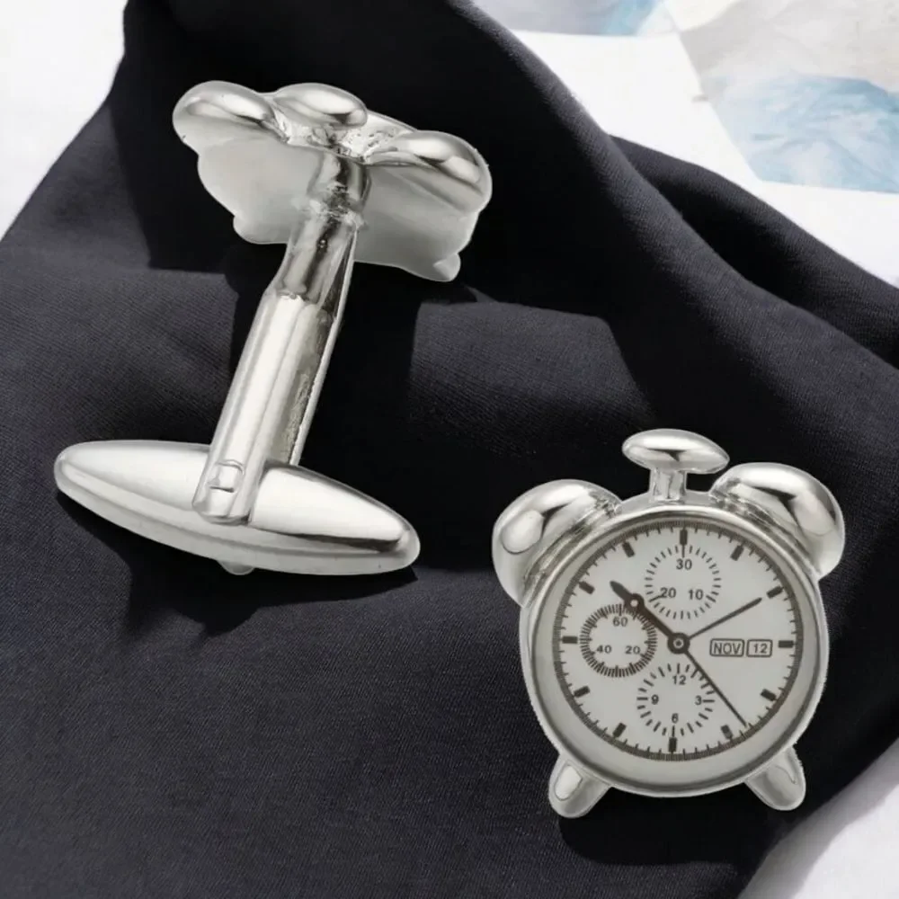 Vintage Alarm Clock Cufflinks Analog Twin Bell Silver Novelty Chronograph Formal
